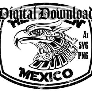 Pode incluir: Gráfico de download digital em preto e branco de uma cabeça de águia estilizada com detalhes intrincados. A águia está virada para a esquerda e tem um design ousado e geométrico. O texto "Download digital" está no topo do gráfico, e o texto "MÉXICO" está na parte inferior. O texto "AI, SVG, PNG" está no lado direito do gráfico.