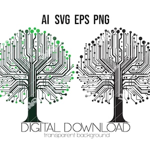 Könnte beinhalten: Ein digitaler Download eines schwarzen und grünen Baumdesigns mit Leiterplatte. Das Design ist in den Formaten AI, SVG, EPS und PNG verfügbar. Der Text "DIGITALER DOWNLOAD" und "transparenter Hintergrund" ist im Bild enthalten.