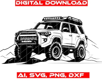 May include: Black and white line art illustration of a 4x4 off-road vehicle with a roof rack driving on a dirt road.