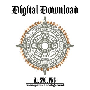 Könnte beinhalten: Eine digitale Grafik mit einem kreisförmigen aztekischen Kalenderdesign in Grau und Braun mit einer abgenutzten Textur. Der Text Digital Download steht oben und der Text AI, SVG, PNG unten, was die Dateiformate angibt.