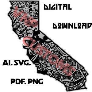 California State Karte mit aztekischer Kunst SVG-Datei, High Detail, Aztekenkalender Lasergravurdatei, California State Datei, Sublimationsdesign
