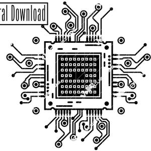 May include: Black and white illustration of a computer chip with circuit board connections. Digital Download. AI, SVG, PNG.