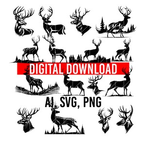 Silueta de ciervo, Cabeza de ciervo, Imágenes prediseñadas, 16 Paquete de ciervos Svg, Archivo Svg de ciervos de naturaleza, Animales Svg, Silueta de ciervo, Clipart de ciervos, Vector de ciervos