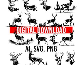 Deer Silhouette Bundle, Nature Animals SVG Clipart (Digital Download)