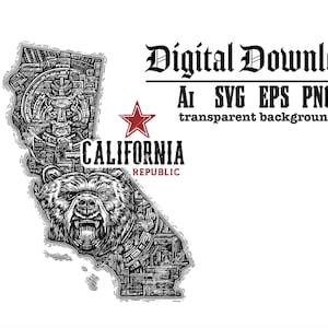 Könnte beinhalten: Schwarz-weiße digitale Download-Grafik mit dem Umriss von Kalifornien, mit einer detaillierten Bärenillustration und dem Text "CALIFORNIA REPUBLIC". Enthält die Dateiformate AI, SVG, EPS und PNG.
