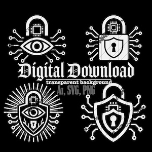 Puede incluir: Gráfico de descarga digital con cuatro diseños blancos sobre fondo negro. Los diseños incluyen un candado, un ojo y un escudo, todos con elementos de placa de circuito. También está presente el texto "Digital Download".