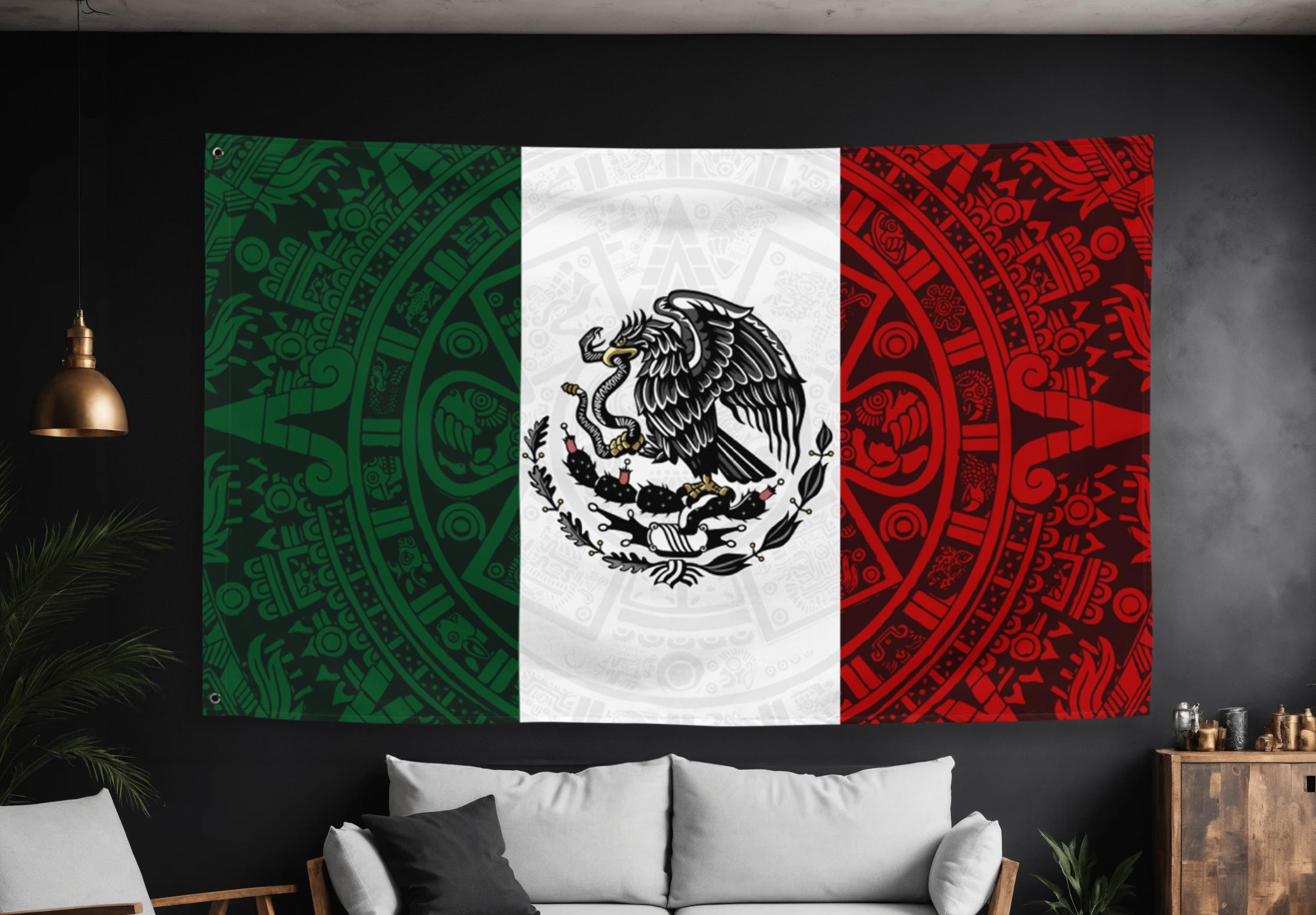Aztec Mexican Flag | Mexico Eagle Banner | Aztec Calendar Flag | Mexican Wall Decor | Latino Pride Gift | Mexico Heritage Art