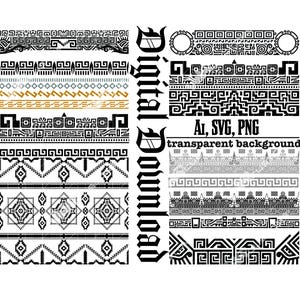 May include: A collection of digital download borders in various geometric and tribal patterns. The designs are in black, gold, and white, with the text "Digital Download" and "AI, SVG, PNG transparent background" visible.