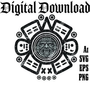 Könnte beinhalten: Eine schwarz-weiße digitale Grafik mit einem zentralen aztekischen Sonnenstein-Motiv mit Gesicht und Zunge, umgeben von geometrischen Mustern. Der Text lautet Digital Download, AI, SVG, EPS und PNG in einer fetten, gotischen Schrift.