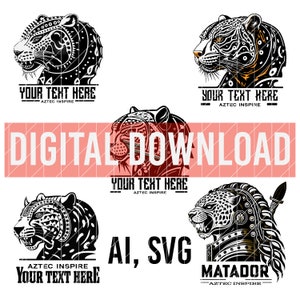 Pode incluir: Conjunto de cinco ilustrações vetoriais em preto e branco de um jaguar com designs inspirados nos astecas. O jaguar é retratado de perfil, com a cabeça virada para o lado. O texto "YOUR TEXT HERE" e "AZTEC INSPIRE" está incluído no design.