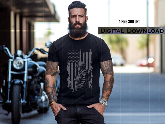 Black T-shirt Biker Mockup, Men With Tattoos White T-shirt Mock Up