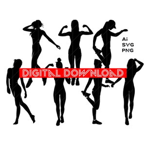 Fitness women Svg bundle | Black Silhouette Digital Clipart | Hair Svg | Girl Svg | Svg Girls Models | Digital Download | Dxf  For Cricut