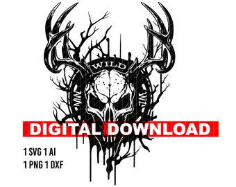 Skull Wils Buck Silhouette, Deer Head, Skull Deer Clip Art , Nature Deer Svg, Animals Svg, Deer Silhouette ,Deer Clipart , Deer Vector