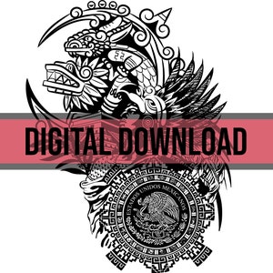 Pode incluir: Download digital em preto e branco do brasão de armas do México. O design apresenta uma águia pousada em um cacto, com uma cobra em seu bico. A águia é cercada por uma coroa de ramos de carvalho e louro, e as palavras "Estados Unidos Mexicanos" estão inscritas ao redor da águia.
