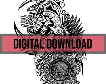 File SVG digitale Eagle Warrior, calendario azteco SVG, file di incisione laser, file di stato messicano, design di sublimazione messicano