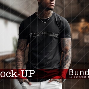 Tattooed Model Mockup Bundle for Men&#39;s T-Shirts, Men Mockups with Tattoos, Manly and Aesthetic Mockups, Men Gildan and Bella Canvas Tees png