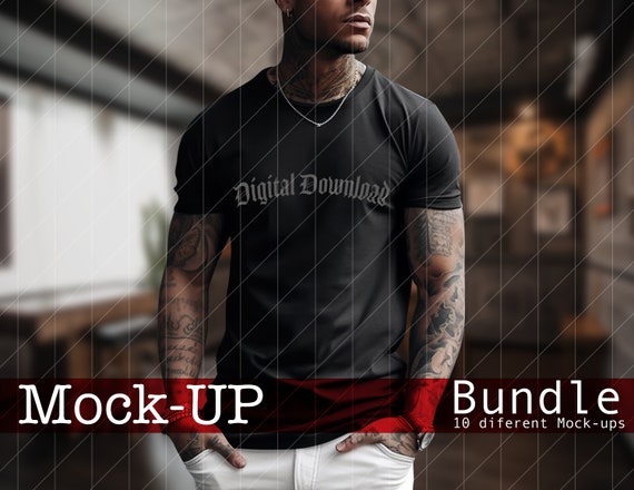 Men's T-Shirt Mockup Bundle, Tattooed Model, Gildan & Bella Canvas (PNG Digital Download)