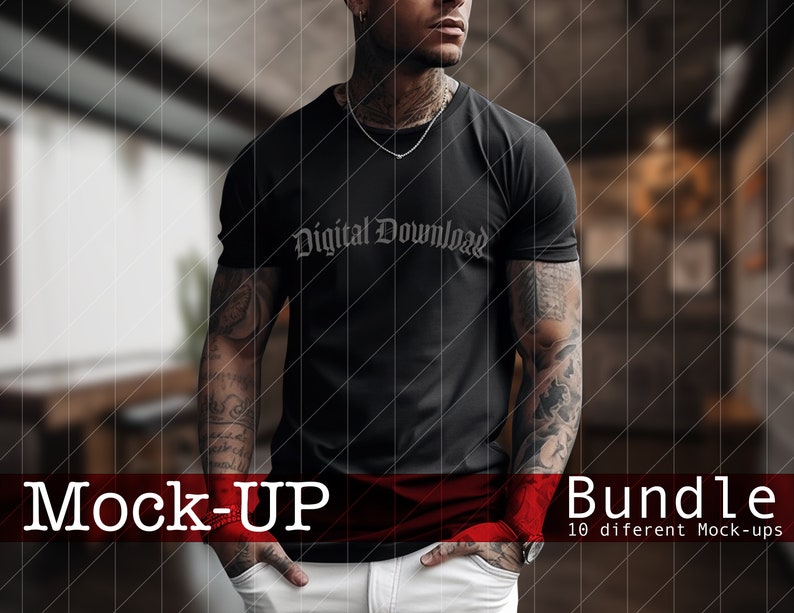 K&ouml;nnte beinhalten: Ein schwarzes T-Shirt-Mockup mit dem Text "Digital Download" in einer gotischen Schriftart. Das Shirt wird von einer Person mit Tattoos auf den Armen getragen. Der Hintergrund ist verschwommen und unscharf. Dies ist ein Bundle mit 10 verschiedenen Mockups.