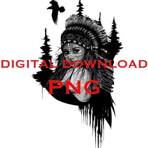 Native American Woman PNG T-Shirt Design Kunst. Ethno Mädchen Krieger und Nacht Wald T-Shirt Design, native american cherokee PNG