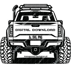 May include: Black and white illustration of a lifted truck, viewed from the rear. The truck features large off-road tyres, a roof rack with lights, and an exhaust pipe. Text includes "DIGITAL DOWNLOAD", "AI, SVG, PNG", and "transparent background."
