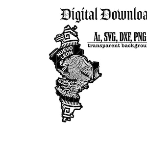 May include: Black and white digital download graphic featuring the outline of Nuevo León, Mexico, with the state's name and a detailed eagle emblem. Includes file formats AI, SVG, DXF, and PNG with a transparent background.