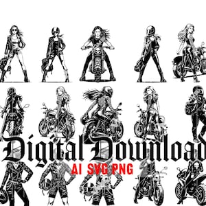 Biker Woman Svg Bundle | 15 Motorcycle Girl Designs | AI SVG PNG Digital Download | Transparent Background | Tattoo Biker Clipart Set