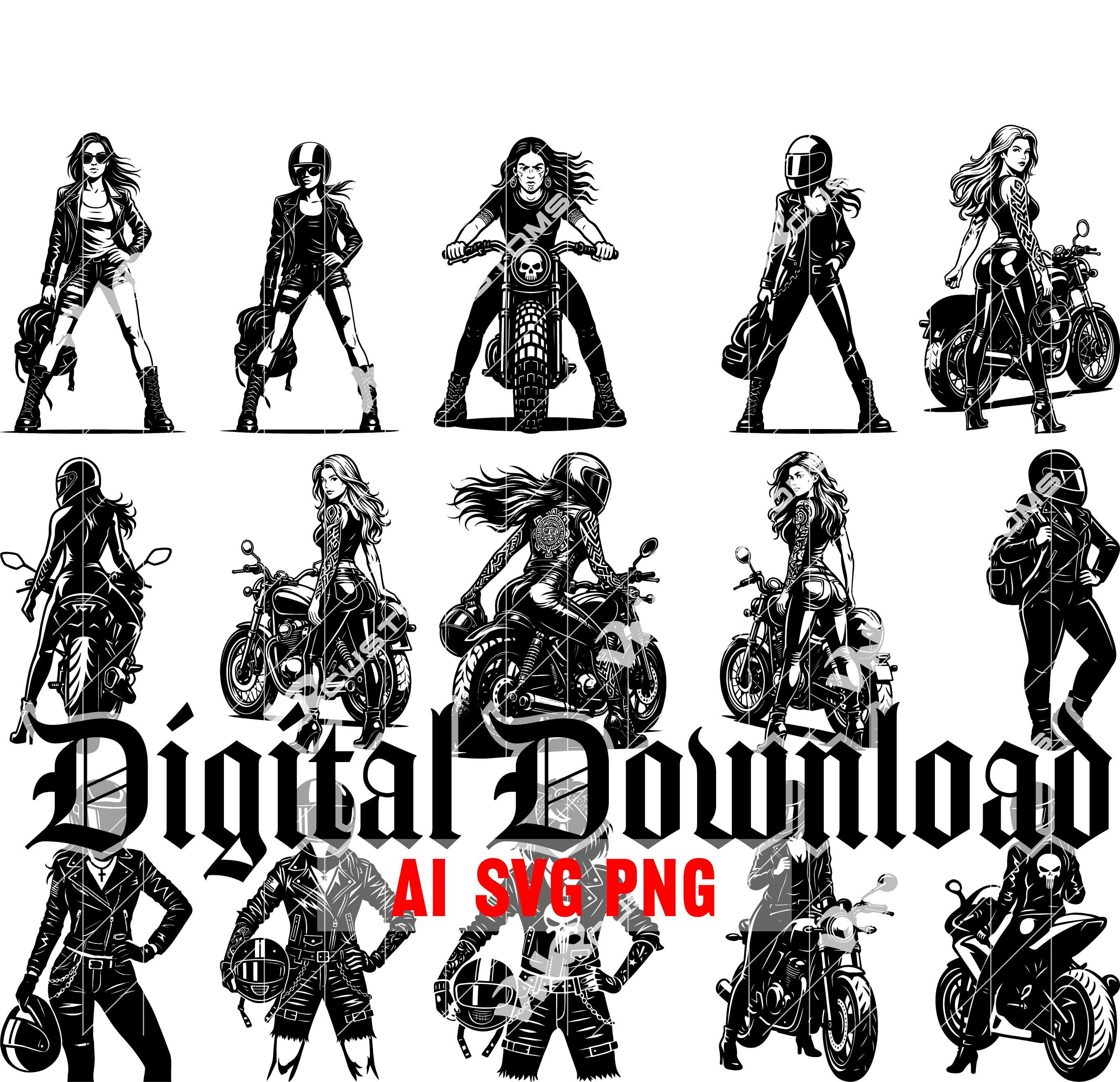 Biker Woman Svg Bundle | 15 Motorcycle Girl Designs | AI SVG PNG Digital Download | Transparent Background | Tattoo Biker Clipart Set