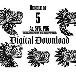 Quetzalcoatl Vector Bundle - 5 Feathered Serpent Head Designs for Shirts, Decals, Tattoos - Digital Download SVG PNG AI
