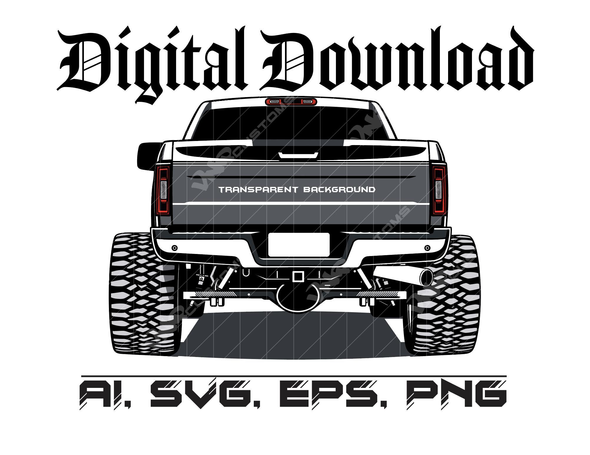 Lifted Truck Rear View Vector - Wide Tire Custom Design for Decals, Stickers, Shirts, Patches - Digital Download SVG PNG EPS