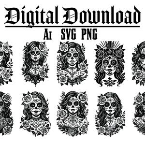 Könnte beinhalten: Schwarz-Weiß-Digital-Download mit zehn stilisierten Sugar-Skull-Designs. Jeder Schädel ist mit floralen Elementen, komplizierten Mustern und dekorativen Details verziert. Der Text "Digital Download" und Dateitypoptionen werden oben angezeigt.