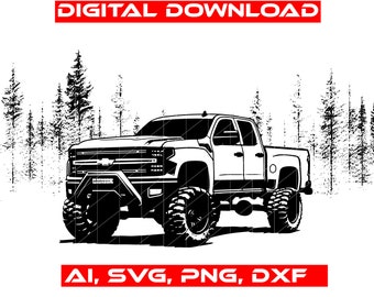 May include: Black and white silhouette of a pickup truck driving through a forest. The truck has large tires and a lifted suspension. The truck is driving on a dirt road.