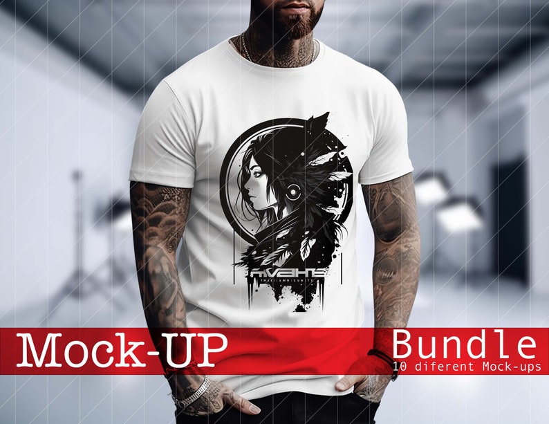 K&ouml;nnte beinhalten: Ein wei&szlig;es T-Shirt mit einem schwarz-wei&szlig;en Grafikdesign eines Frauenkopfes mit Federn. Der Text "RIVEHS" ist unter dem Grafikdesign gedruckt.