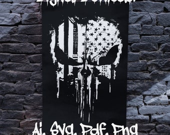 Calavera con bandera estadounidense desgastada SVG, archivo Punisher (descarga digital)