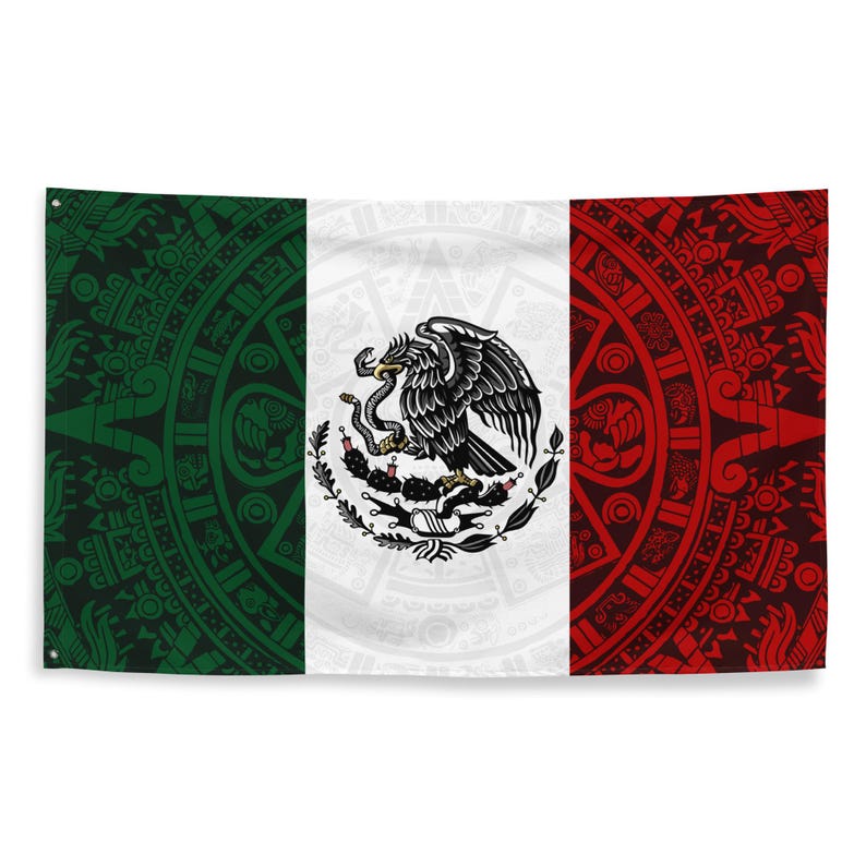 Mexican Flag Banner Aztec Calendar Art, Latino Pride Flag, Mexico Eagle ...