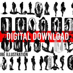 32 Mujer Senderismo Svg Bundle / Black Silhouette Digital Clipart / Hair Svg / Afro Girl Svg / Svg Girls Models / Descarga digital para Cricut