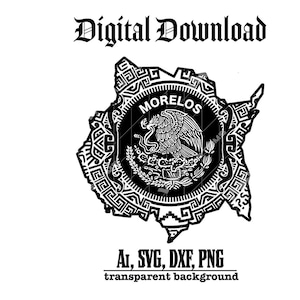 Peut inclure: Graphique numérique en noir et blanc représentant le contour de Morelos, Mexique, avec des motifs complexes. L'image comprend le texte "Digital Download" et des informations sur le type de fichier.