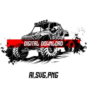 Puede incluir: Gráfico en blanco y negro de un vehículo todoterreno con la palabra "OUTLAW" en el lateral. El texto "DIGITAL DOWNLOAD" está en un rectángulo rojo en la imagen. Los tipos de archivo AI, SVG y PNG se enumeran a continuación.