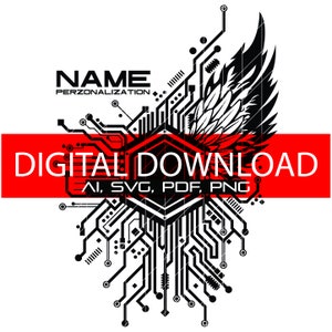 Puede incluir: Diseño digital en blanco y negro con un patrón de ala y placa de circuito. El diseño incluye el texto "NAME PERSONALIZATION" y "DIGITAL DOWNLOAD AI, SVG, PDF, PNG".