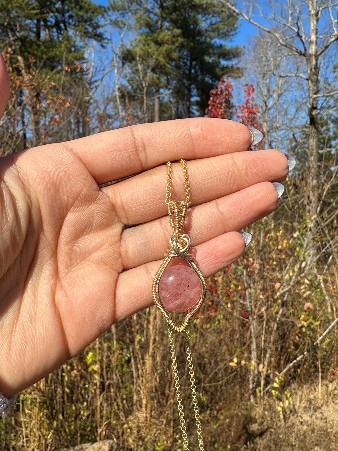 Wire Wrapped Pendant/ Strawberry Quartz Jewelry/strawberry Quartz