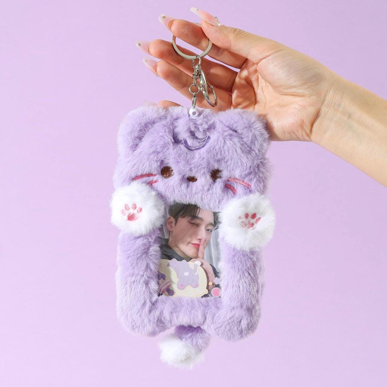 Purple Cat Plush Photocard Holder, Protective Case Card Sleeve, Two Pockets