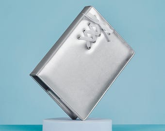 A5 Kpop Photocard Silver Coquette Binder, PU leather refillable pages, 6 ring organizer binder cover with 10 pocket pages