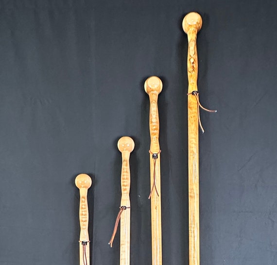Maple Walking Stick, Heavy Duty Hiking Cane, Ergonomic Wood Staff, Leather Strap, Rubber Tip
