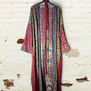 Kimono largo reversible de seda para mujer, kimono exclusivo de seda recyclada, bata elegante, kimonos estampados etnicos, kimono yoga mujer