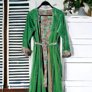 Green reversible velvet kimono, long reversible velvet kimono for ladies, long soft black velvet kimono for woman, yoga black velvet kimono.