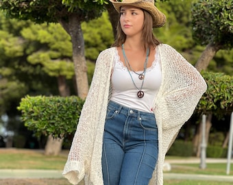 Kimono Tejida Estilo Boho, Cardigan Modelo ancho, cardigan de punto, kimono largo en hilo, rebeca larga para mujer, rebeca ibicenca de mujer