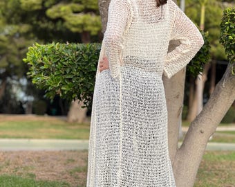 Kimono Tejida Estilo Boho, Cardigan Modelo largo, cardigan de punto, kimono largo en hilo, rebeca larga para mujer, rebeca ibicenca de mujer