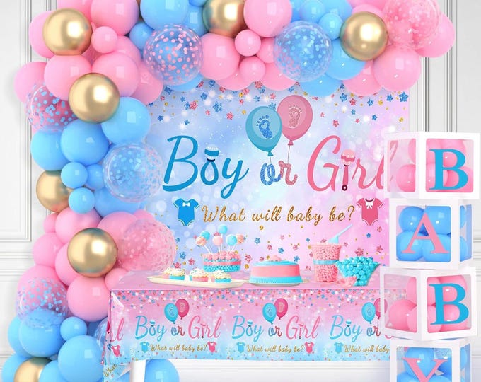 Gender Reveal Decoration Kit with Baby Boxes Backdrop Table Cover