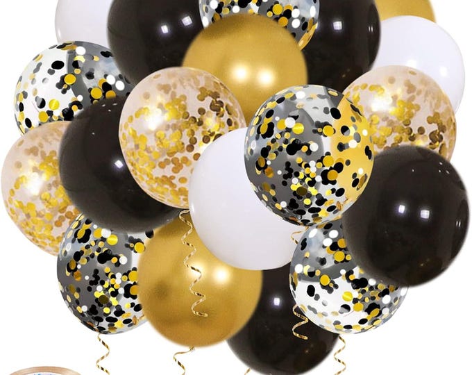 Black Gold & White Balloon Set – 50pc Party Balloons with Confetti and Ribbons