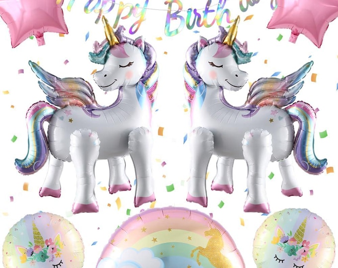 8pcs Self-Standing Unicorn Balloon Set – Rainbow, Stars & Happy Birthday Banner