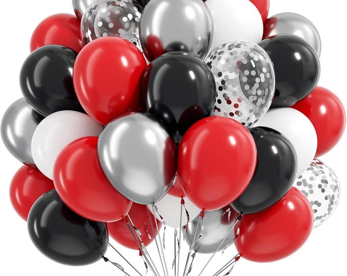 60 Pcs Red Black Silver Balloon Set Confetti Party Decor Kit